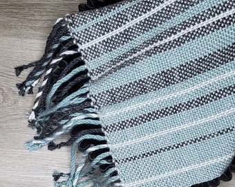 Heathered Gray, Mint, and White Handwoven Scarf * Loom Woven