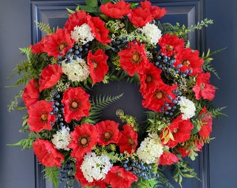 Red Poppy Wreath, Patriotic Wreath, 25 inches, Red White and Blue Wreath, Memorial Day, Fourth of July, 4th of July,