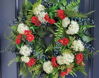 Patriotic Wreath, 21 inches, Red White and Blue Wreath, Summer Wreath, Blueberry Wreath