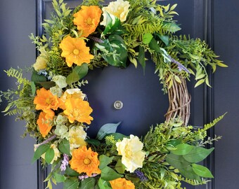 Summer Poppy Wreath, 24 inches, Large Wreath, Orange and Yellow Poppies, Wild Grass, Grapevine