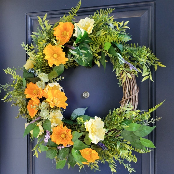 Summer Poppy Wreath, 24 inches, Large Wreath, Orange and Yellow Poppies, Wild Grass, Grapevine