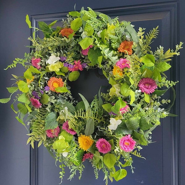 Spring and Summer Daisy Wreath, 21 inches, Front Door Wreath, Eucalyptus Wreath, Greenery Wreath, Hot Pink, Bright Green, Dark Purple