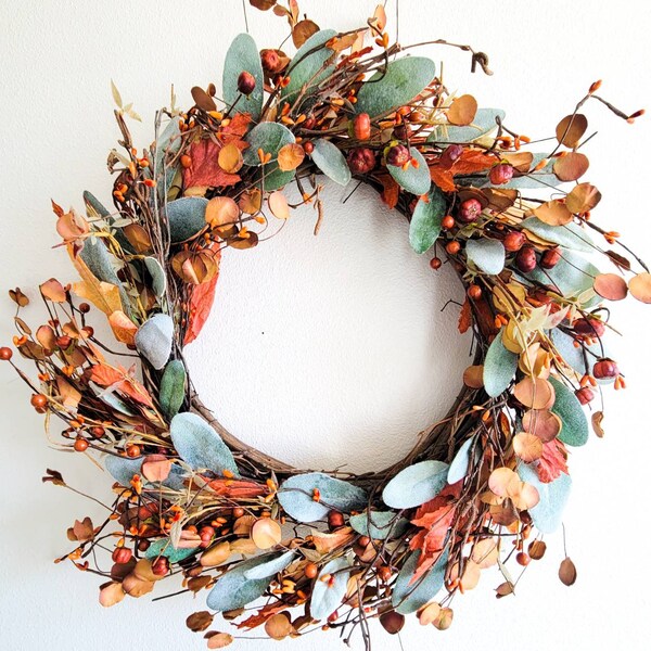 Fall Wreath with Lamb's Ear, 17 inches Fall Farmhouse Wreath, Autumn Wreath, Front Door Wreath, Woodland Wreath, Housewarming Gift
