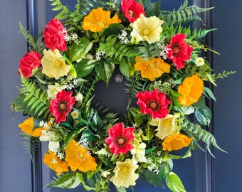 Summer Poppy Wreath, 21 inches, Front Door Wreath, Porch Decor, Wall Decor, Bright, Cheerful