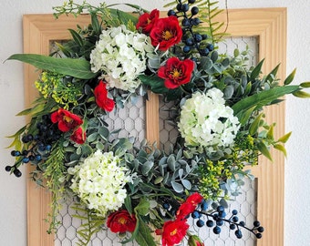 Patriotic Wreath, 15 inches, Red White and Blue, Memorial Day, Fourth of July, Summer