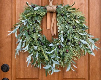 Mediterranean Olive Wreath for Front Door, Neutral Greenery Wreath with Olives, All Season Farmhouse Door Decor, Coastal Cottage Style, 24"