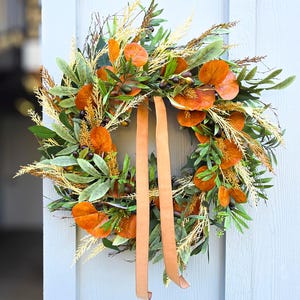 Fall Front Door Wreath with Olive Stems, 24" Large Autumn Wreath, Eucalyptus Wreath, Harvest Wreath, Fall Porch Decor, Free Shipping