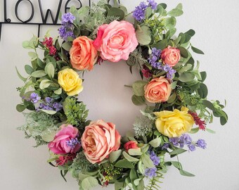 Clearance - Summer Rose Wreath, 21 inches, Eucalyptus Wreath with Roses, Spring, Front Door Wreath, Wall Decor, Home Decor