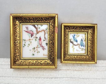 Vintage Set of 2 Miniature Verilyn Gallery Birds Paintings on Glass Spain Signed
