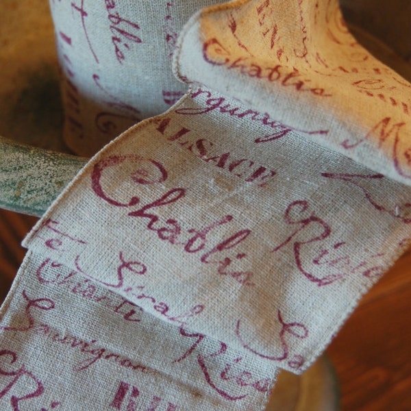 Ribbon - Wine Words 4" wired Merlot on Linen by the yard