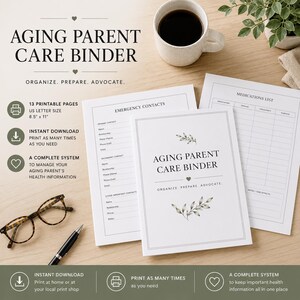 Op de afbeelding: Een printbare Aging Parent Care Binder set met een voorpagina, noodcontacten en een medicatielijst. De documenten zijn 21,59 cm bij 27,94 cm. Bevat 13 pagina's met zwarte tekst op wit papier, vergezeld door een bril en een pen.