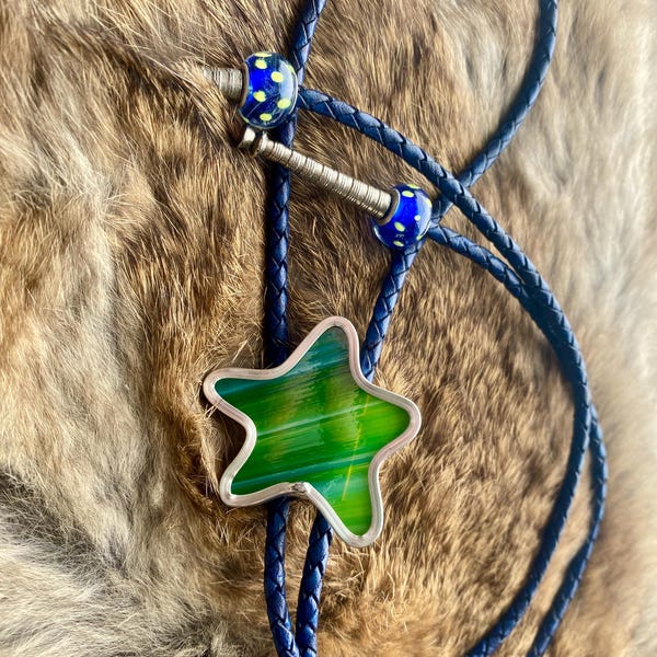 Stained Glass Bolo Tie- Green and Blue Striped Star