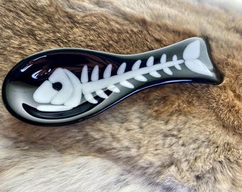 Fused Glass Spoon Rest - FishBone on Black-MADE TO ORDER
