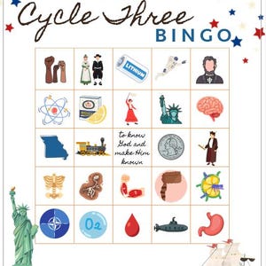 Op de afbeelding: Een Cycle Three BINGO-spelkaart met een raster van educatieve illustraties, waaronder historische figuren, wetenschappelijke symbolen en anatomie. De tekst luidt Cycle Three BINGO en to know God and make Him known.