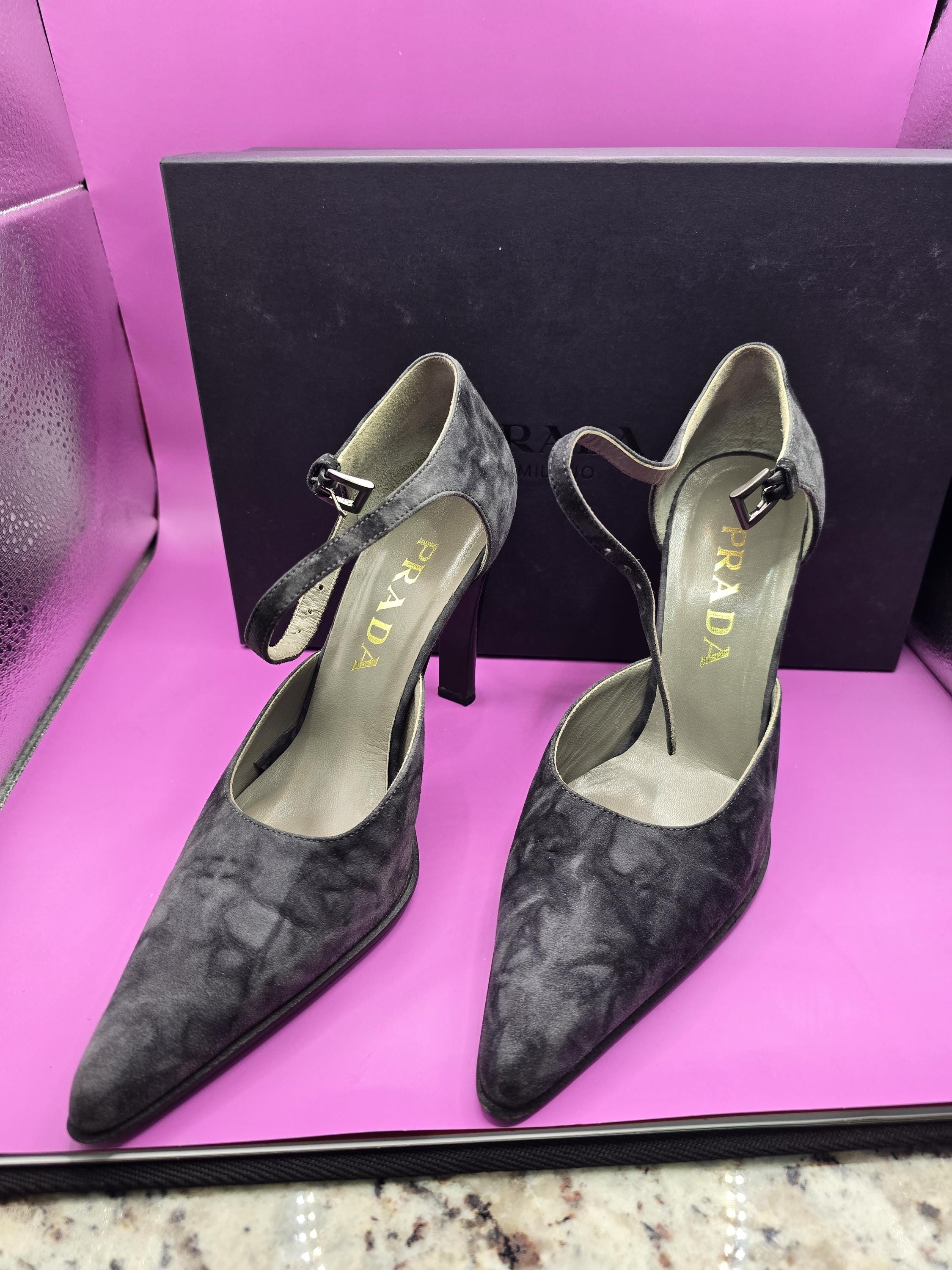 Prada Milano Gray Suede Heels - Etsy Canada