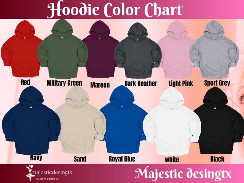 Puede incluir: Carta de colores que muestra 10 colores diferentes de sudaderas con capucha. Los colores son: rojo, verde militar, granate, gris oscuro jaspeado, rosa claro, gris deportivo, azul marino, arena, azul real, blanco y negro.