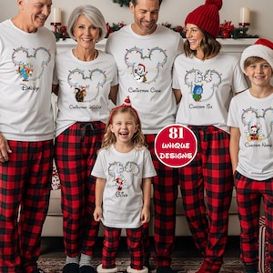 Customize All Characters Disney Magical Castle Christmas shirt, Family Pajamas Matching Tee, Mickey & Friends Disneyland Xmas Party Gifts