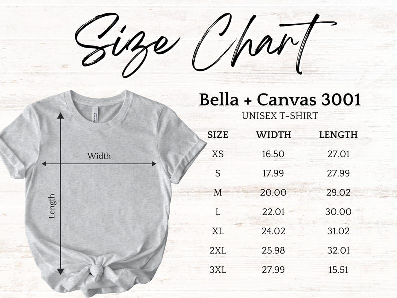 Pode incluir: Uma camiseta unissex Bella + Canvas 3001 cinza claro com uma tabela de tamanhos. A tabela lista os tamanhos XS a 3XL, com medidas de largura e comprimento em cent&iacute;metros. O texto "Size Chart" est&aacute; no topo.