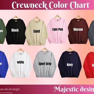 Puede incluir: Carta de colores que muestra 12 colores diferentes de sudaderas con cuello redondo. Los colores son: Verde militar, Negro, Arena, Rosa claro, Marr&oacute;n, Gris oscuro jaspeado, Azul real, Blanco, Gris deportivo, Azul marino y Rojo.