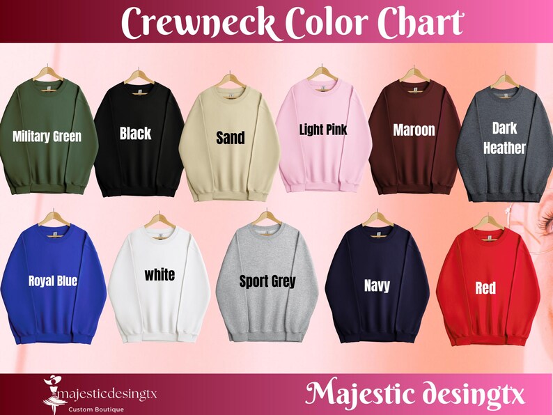 Puede incluir: Carta de colores que muestra 12 colores diferentes de sudaderas con cuello redondo. Los colores son: Verde militar, Negro, Arena, Rosa claro, Marr&oacute;n, Gris oscuro jaspeado, Azul real, Blanco, Gris deportivo, Azul marino y Rojo.