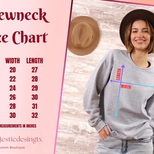 Puede incluir: Una tabla de tallas para una sudadera de cuello redondo, que muestra las medidas en pulgadas para el ancho y la longitud. La tabla incluye las tallas S, M, L, XL, 2XL y 3XL.