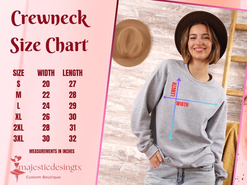 Puede incluir: Una tabla de tallas para una sudadera de cuello redondo, que muestra las medidas en pulgadas para el ancho y la longitud. La tabla incluye las tallas S, M, L, XL, 2XL y 3XL.