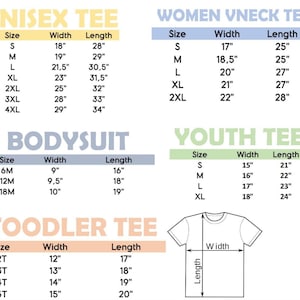 May include: A white graphic showing size charts for various t-shirt styles, including Unisex, Women's V-neck, Youth, and Toddler tees, and bodysuits. Measurements are in inches for width and length, with sizes ranging from S to 4XL.