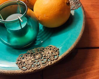 Danish turquoise serving bowl by Christian Jensen with bronze decoration