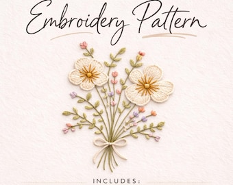 May include: A PDF download of an embroidery pattern featuring a floral bouquet. The bouquet includes two large white flowers with yellow centers, surrounded by green leaves and smaller pink and purple flowers. The text "Embroidery Pattern" is in elegant script.