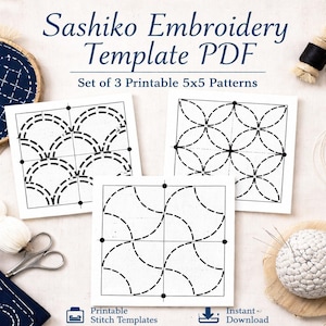 May include: A set of three printable 5x5 inch Sashiko embroidery templates. Each template features a different geometric pattern in black lines on a white background. The text "Sashiko Embroidery Template PDF" is at the top.
