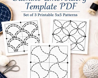 May include: A set of three printable 5x5 inch Sashiko embroidery templates. Each template features a different geometric pattern in black lines on a white background. The text "Sashiko Embroidery Template PDF" is at the top.