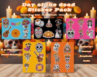 Day of the Dead Stickers | Colorful Sugar Skull Clipart | Día de los Muertos Digital Download