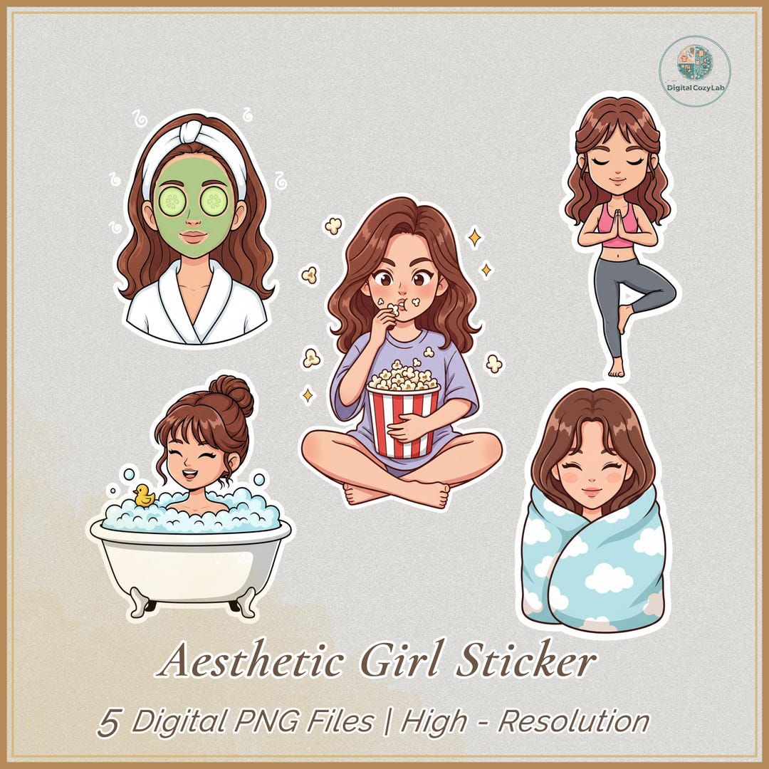 Cozy Girl Self Care Stickers: Wellness, Yoga, Skincare (digital PNG ...