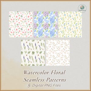 Könnte beinhalten: Fünf nahtlose Aquarell-Blumenmuster. Die Muster zeigen rosa Rosen, blaue und lila Hortensien, gelbe und blaue Wildblumen, Lavendelzweige und braune Blätterzweige. Der Text lautet "Watercolor Floral Seamless Patterns 5 Digital PNG Files."