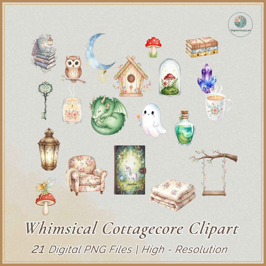 Whimsical Cottagecore Clipart Bundle: Cozy Magic Fantasy Graphics (21 ...