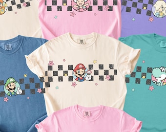Comfort Colors® Mario & Yoshi Shirt, Princess Peach Coquette Tee, Retro Super Mario Bros Shirt, Game Lover Matching Family Top  Q0192