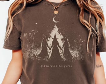 Comfort Color® Vintage Girls Will Be Girls Witch Comfort Colors Shirt, Funny Witch Vintage Shirt, Vintage Halloween Women Shirt Witchy Q0901