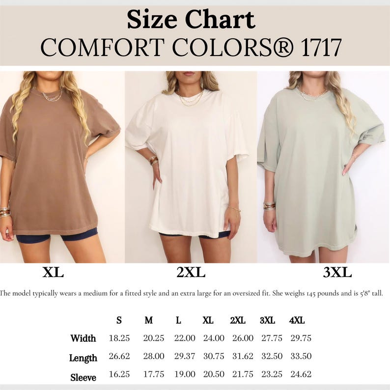 The image is a size chart for three different styles of t-shirts, each with a different size indicated.