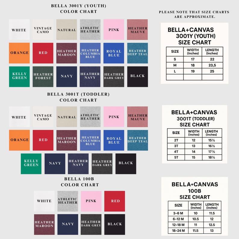 a color chart for various clothing items, including a color chart for youth and toddler clothing, as well as a color chart for canvas prints. The chart provides size charts for different colors and styles, such as white, vintage, athletic, and navy.
