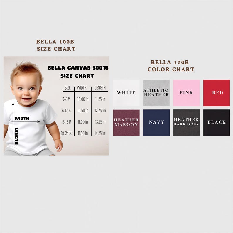 The image is a size chart for a baby, showing the measurements for different age groups. It includes a baby's head and shoulders, as well as a color chart that displays various color options for the baby's clothing.