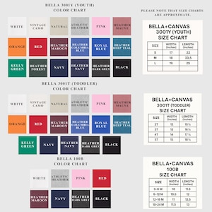 a color chart for various clothing items, including a color chart for youth and toddler clothing, as well as a color chart for canvas prints. The chart provides size charts for different colors and styles, such as white, vintage, athletic, and navy.