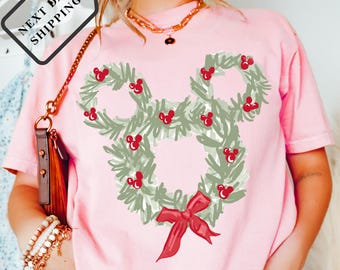 Comfort Colors® Retro Disney Christmas Shirt, Coquette Bow Holiday Tee, Mickey Head Xmas Shirt, Disney Vacation Tee Q0310
