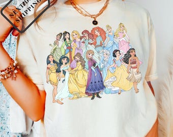 Comfort Colors® Disney Princess Coquette Bow Shirt, Watercolor Disney Princess Tee, Aurora Ariel Belle Cinderella Girls Trip Tee Q0072