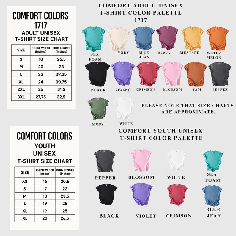 The image is a collage of two separate color charts for adult unisex t-shirt sizes. The first chart lists the sizes and corresponding color options, while the second chart displays a variety of color options for the youth unisex t-shirt size chart.