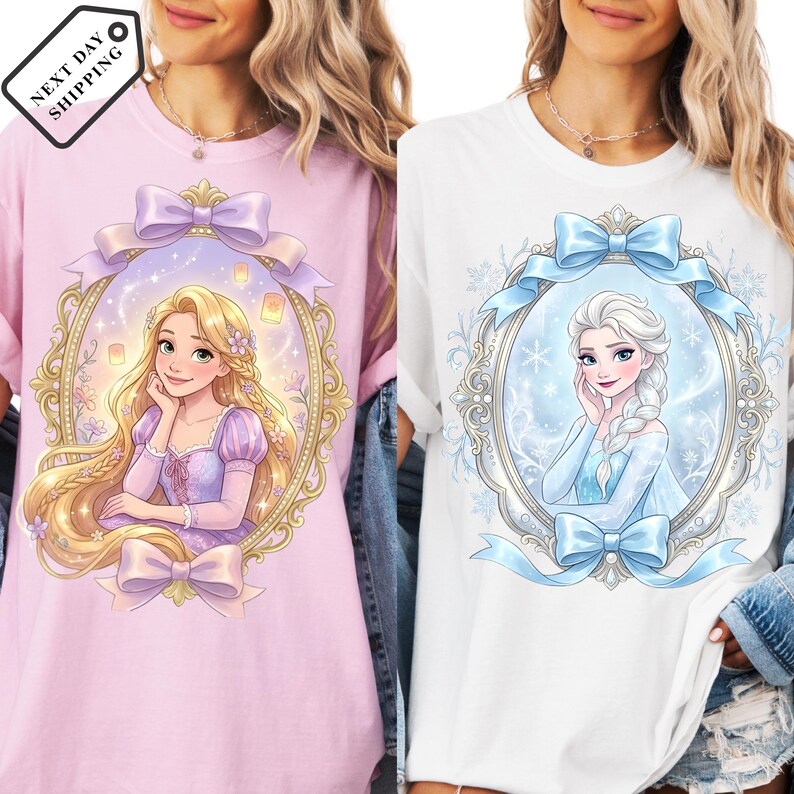 two women wearing t-shirts featuring illustrations of two Disney princesses - Rapunzel and Elsa. The t-shirts have a pink and white color scheme and are adorned with bows and other decorative elements.