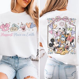 The image is a collage of two photos featuring a woman wearing a white t-shirt with Disney characters and text on it.