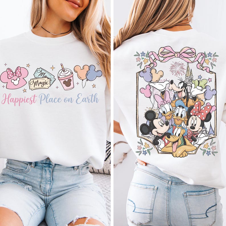 The image is a collage of two photos featuring a woman wearing a white t-shirt with Disney characters and text on it.