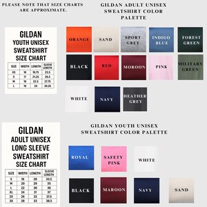 a collection of color swatch charts and color palettes for Gildan youth unisex sweatshirts, including size charts, color swatches, and color palettes for different styles and designs.