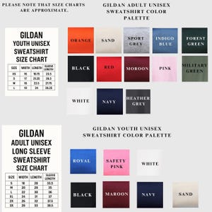 a collection of color swatch charts and color palettes for Gildan youth unisex sweatshirts, including size charts, color swatches, and color palettes for different styles and designs.