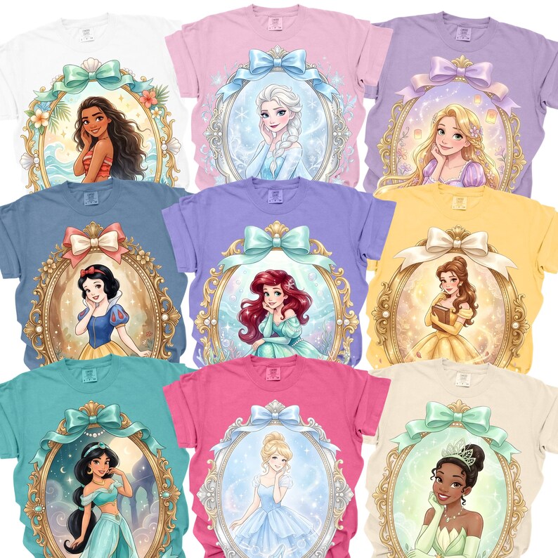 a collection of t-shirts featuring illustrations of Disney princesses, including characters such as Snow White, Rapunzel, and Belle.